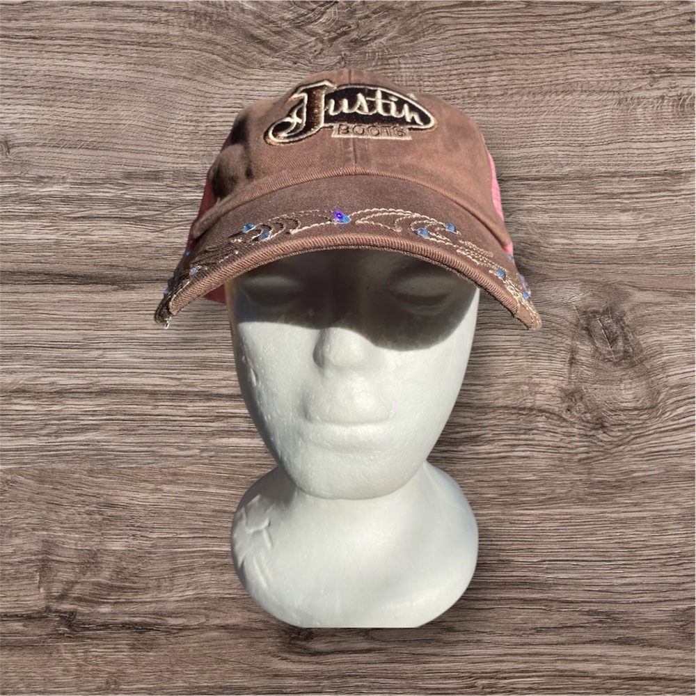 JUSTIN BOOTS WOMENS PINK AND BROWN WESTERN EMBROIDERED BEJEWELED RHINESTONE HAT - Picture 2 of 8